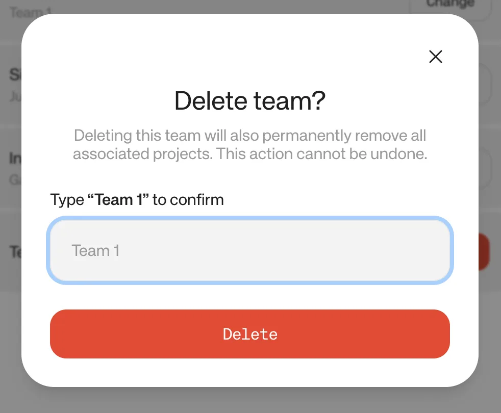 Confirmation dialog to delete a team